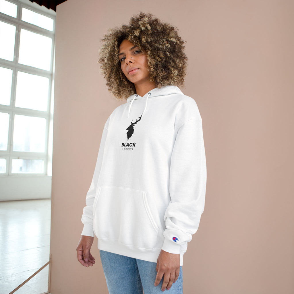 Good Vibes Champion Hoodie — White Pullover with Minimal Logo