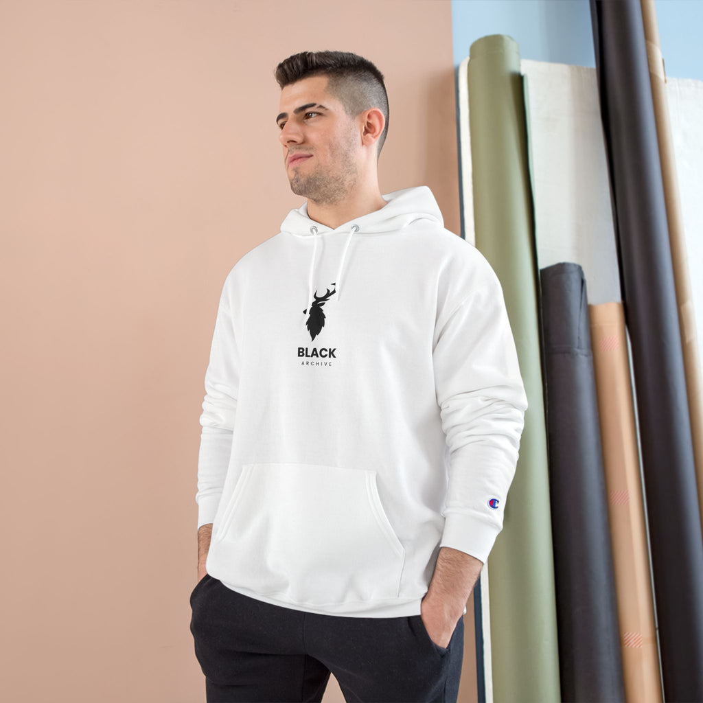 Good Vibes Champion Hoodie — White Pullover with Minimal Logo